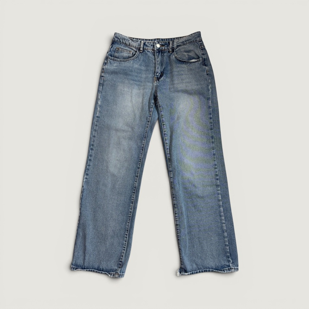 SHEIN Wide Leg Jeans Women Size 6 Blue Light Wash Distressed Raw Hem High Rise